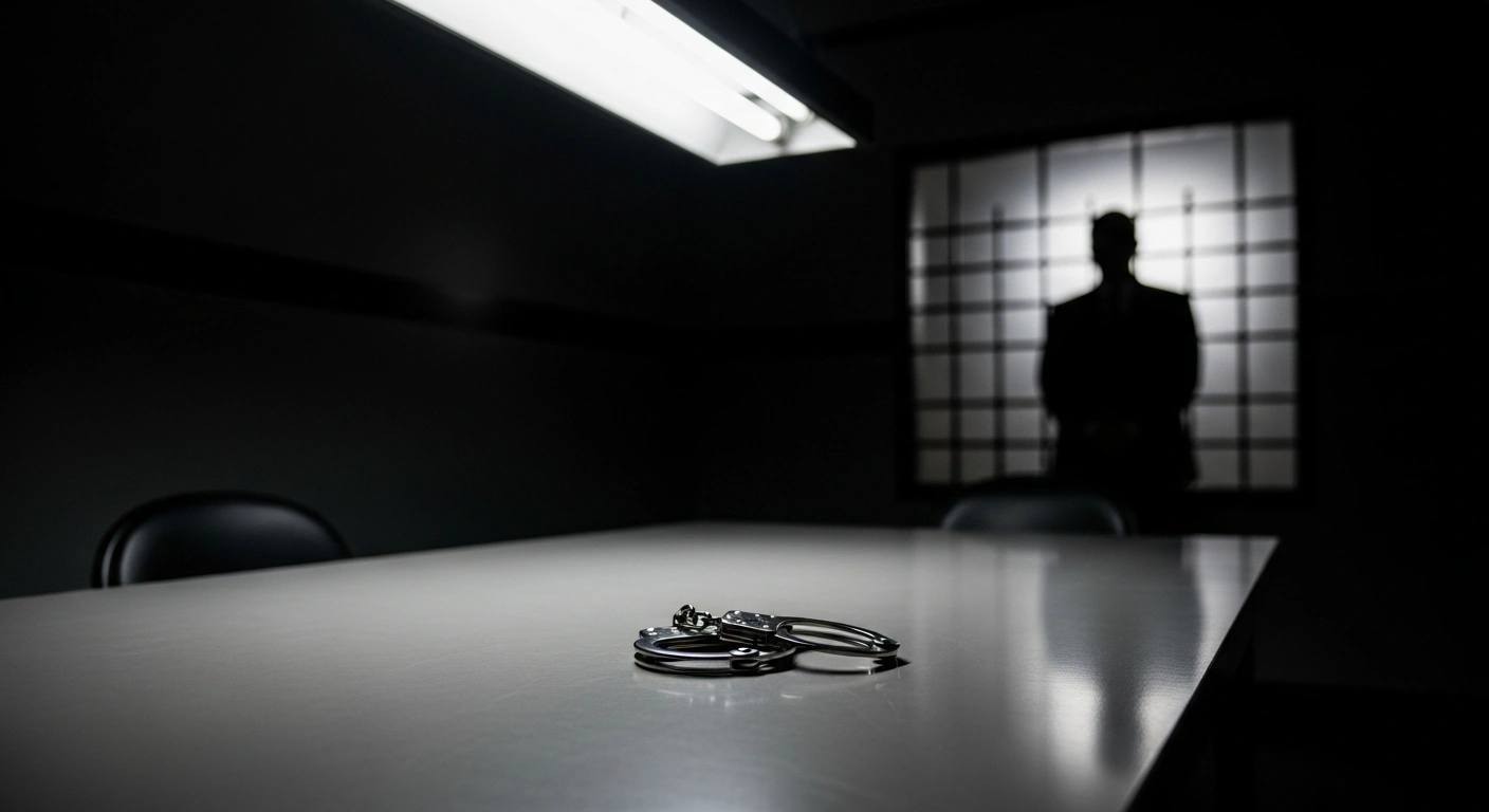 A pair of handcuffs rests on a polished table in a dimly lit room, symbolizing the nationwide crackdown and arrests of individuals associated with the Gülen movement in Turkey, as announced by the Turkish Interior Minister.