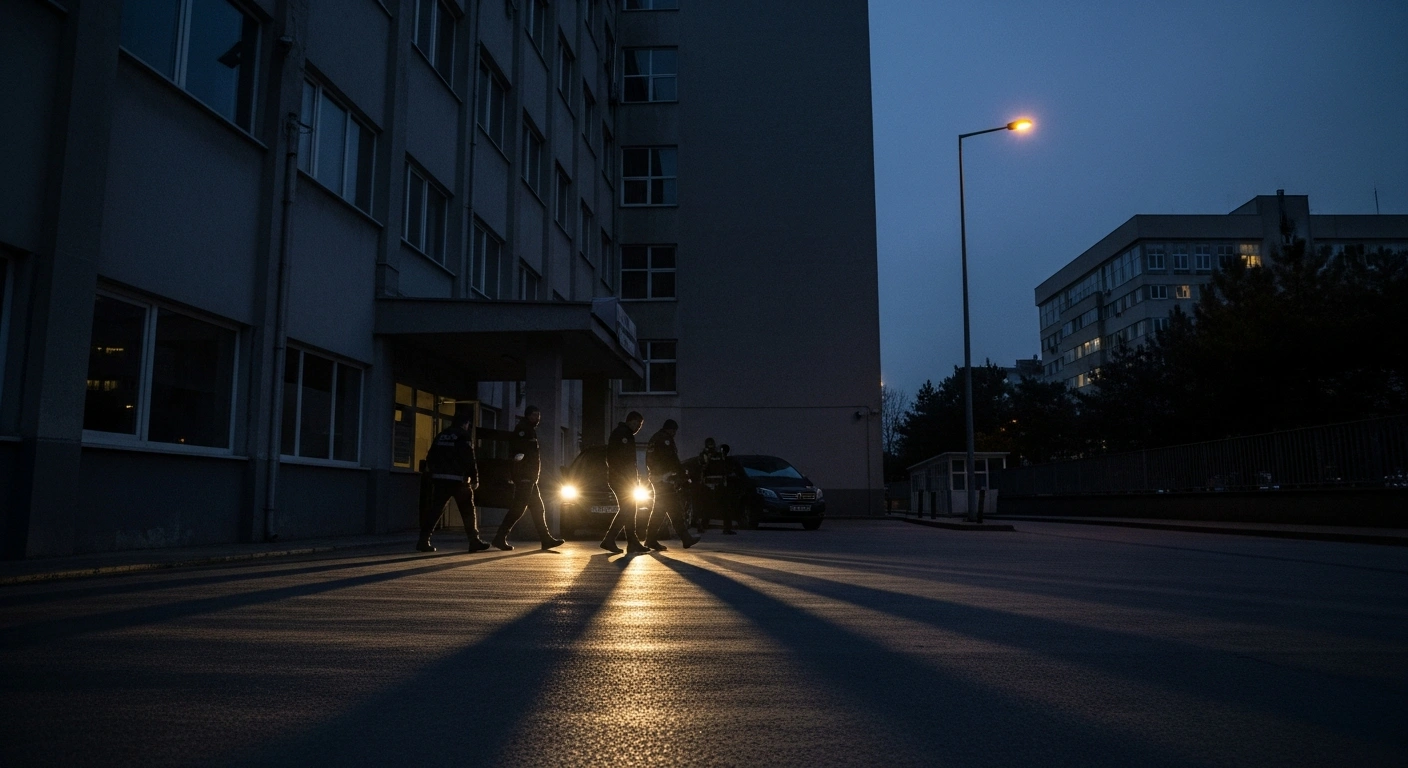 A silhouetted figure, representing an individual detained by Turkish authorities in a crackdown against the Gülen movement, is escorted by two officers towards a vehicle at dusk.