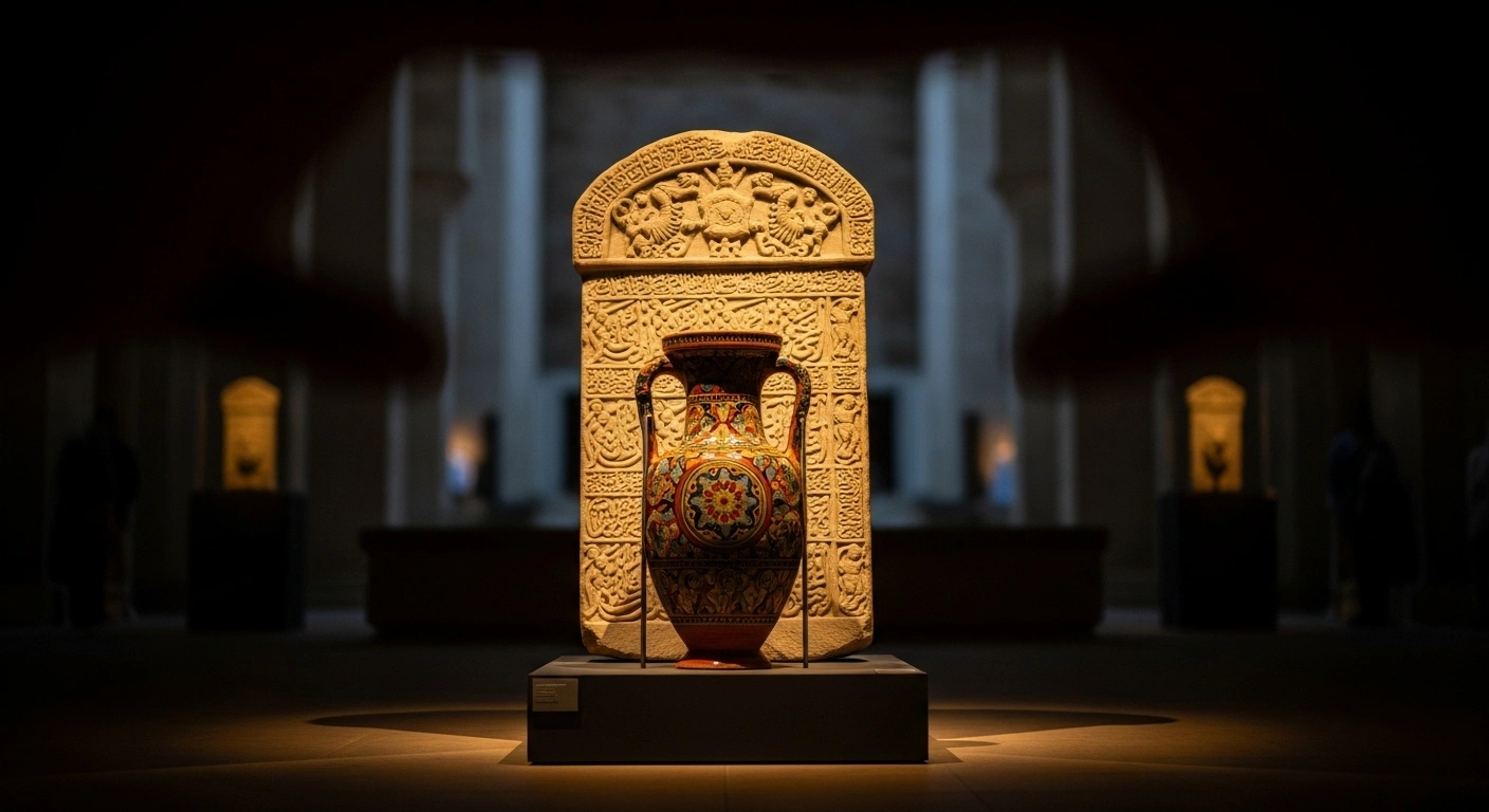A dramatically lit ancient Turkish artifact, such as a carved marble stele or ceramic amphora, stands on a pedestal, symbolizing cultural objects at risk from illicit trade, following the launch of the Turkish edition of the ICOM Red List in Bodrum.