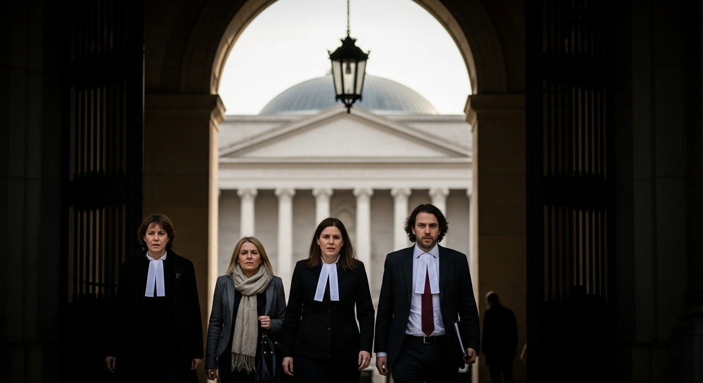 Four journalists, including an AFP photographer, show expressions of relief and quiet triumph as they emerge from a courthouse archway into soft light, having been acquitted by a Turkish court of charges related to their coverage of mass demonstrations in Istanbul, a verdict welcomed by press freedom advocates.