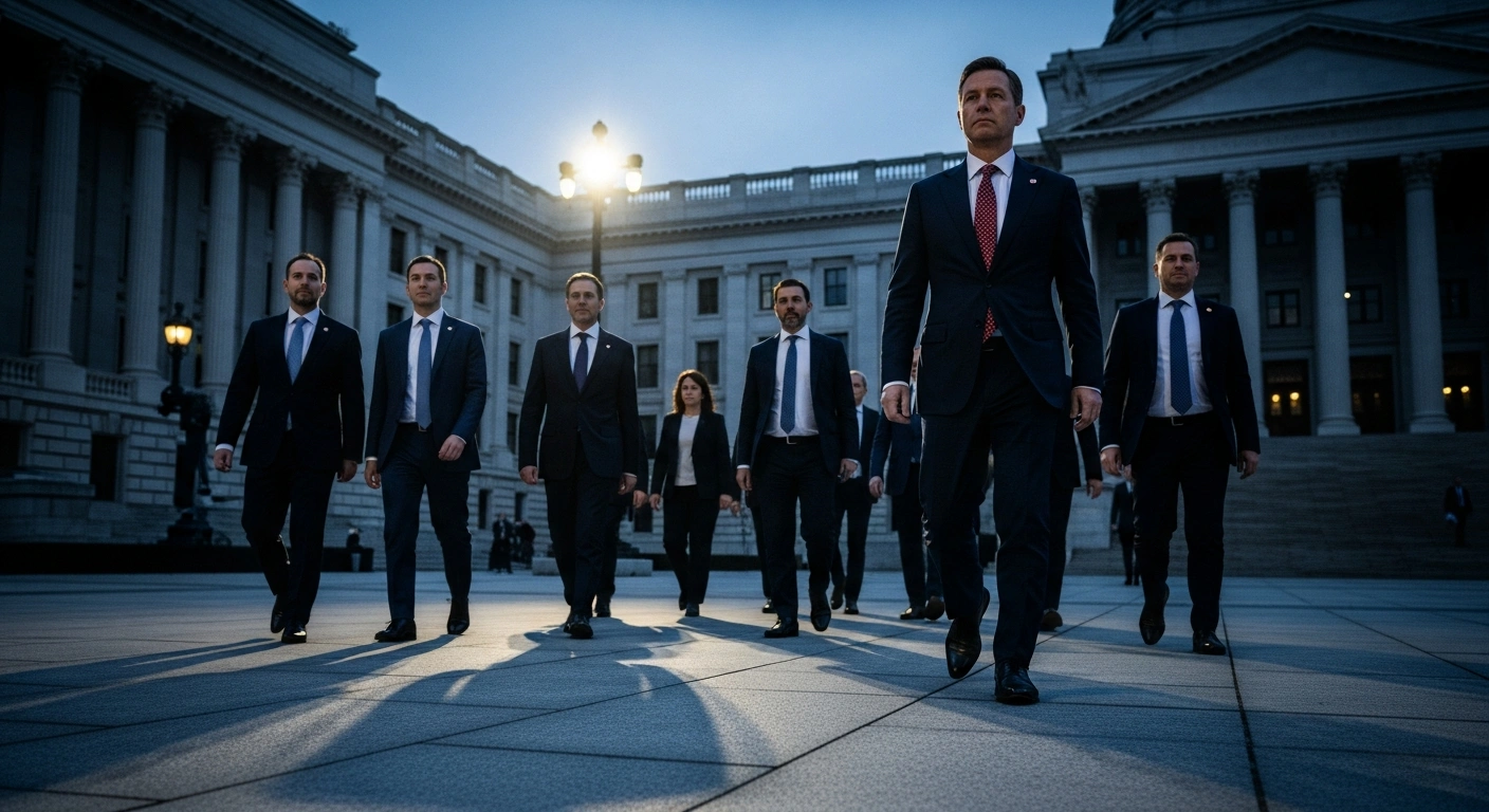 Former CHP chairman Özgür Özel and a group of lawmakers walk away from a government building after resigning from the Republican People's Party in Turkey.