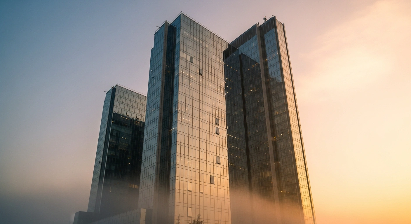 A modern glass skyscraper in Istanbul at dawn, bathed in golden light with ethereal mist rising in the foreground, visually representing the positive momentum and investor optimism in the Turkish market, influenced by peace efforts, declining inflation, and anticipated interest rate cuts by the Central Bank of the Republic of Türkiye.