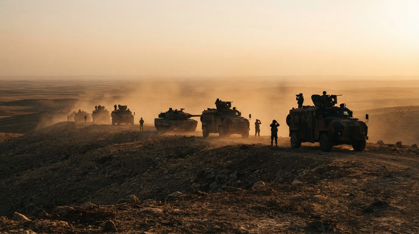 Turkish military vehicles are stationed on a rugged border ridge in a desert landscape to maintain security operations in Syria and Iraq.