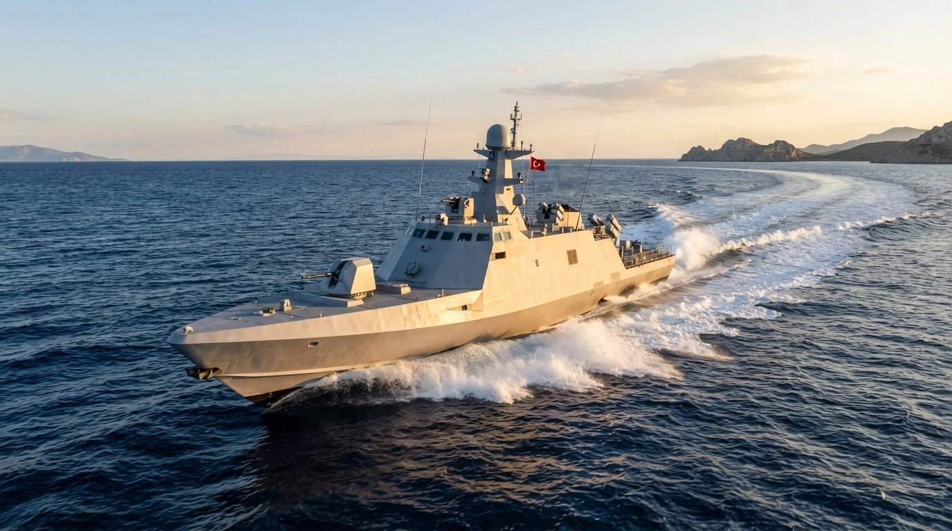 A modern Turkish National Fast Attack Craft prototype maneuvers through the sea as part of Turkey's naval modernization program.