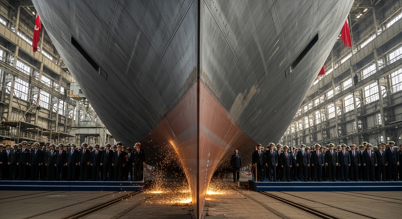 A large steel keel for the NRP Luís de Camões, an Auxiliary Oiler Replenishment and Logistics Support Ship for the Portuguese Navy, is being laid at the Ada Shipyard in Istanbul, observed by high-ranking Turkish and Portuguese officials during the significant ceremony.
