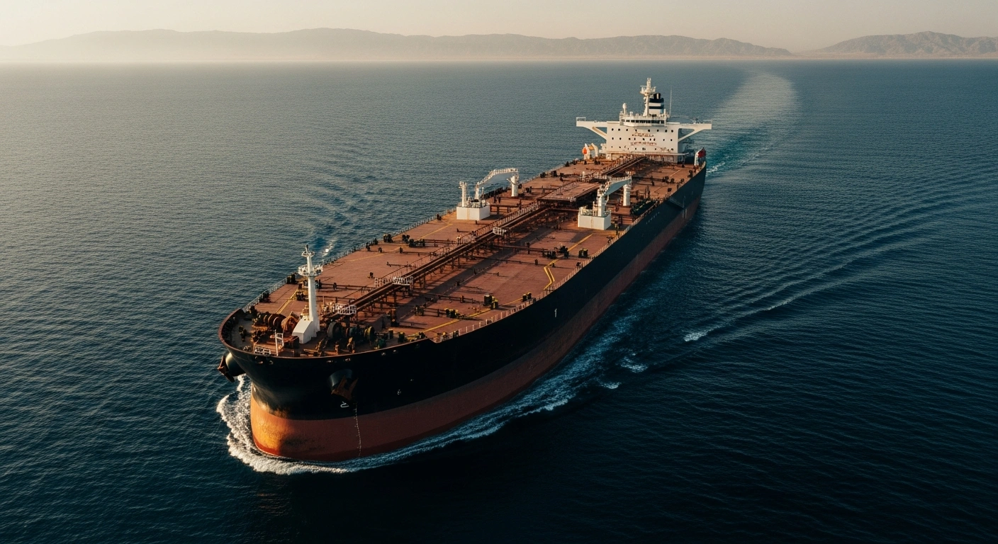 A large Turkish-flagged crude oil tanker navigates the waters of the Strait of Hormuz during a sunset.