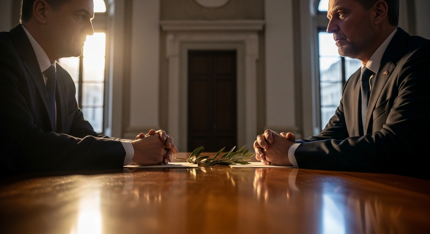 Representatives of Turkey's Republican People's Party (CHP) and the Peoples' Equality and Democracy Party (DEM Party) are seated across a grand wooden table, with an olive branch between them, symbolizing their commitment to dialogue and peace efforts for a cessation of armed conflict.
