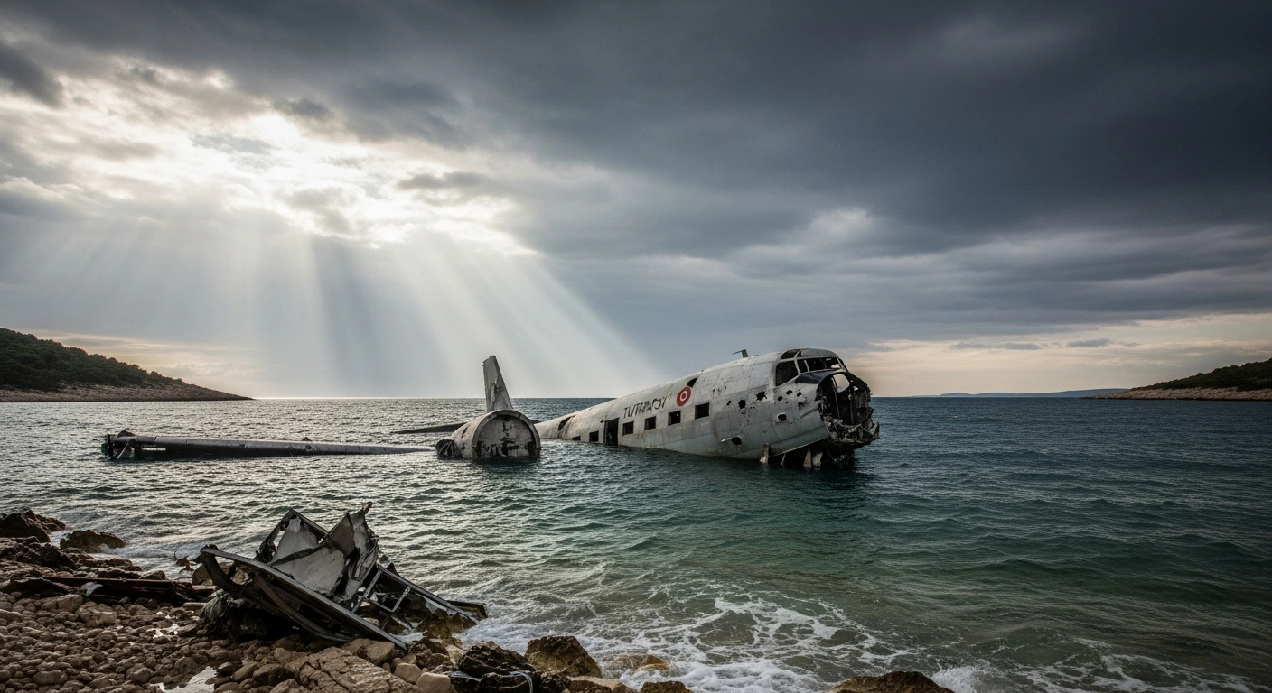 The mangled wreckage of a Turkish Air Tractor AT-802 firefighting plane is partially submerged in turbulent waters near the rugged Croatian coast, following a crash that killed pilot Hasan Bahar amidst adverse weather conditions.