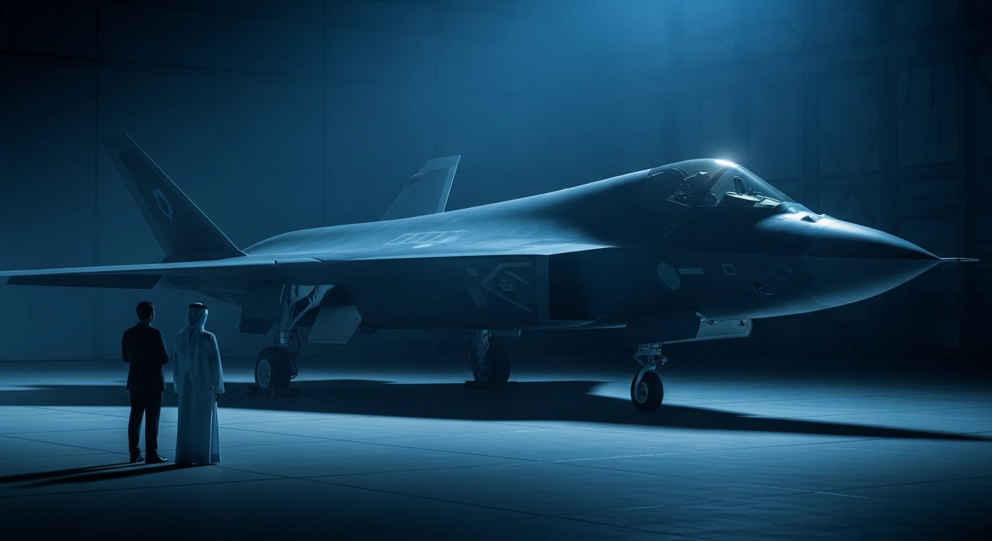 A sleek, dark next-generation stealth fighter jet stands prominently in a dimly lit hangar, observed by two figures representing Turkey and Saudi Arabia, symbolizing their defense cooperation on the KAAN program.