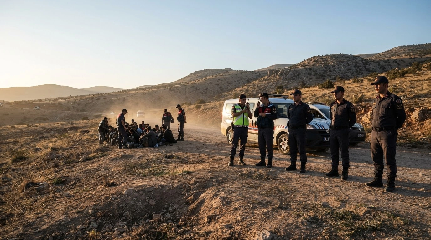 Turkish security forces conduct an operation to detain migrants and human smugglers near the border.