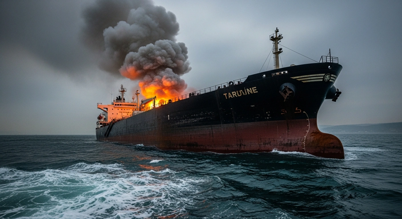 A damaged Turkish oil tanker sits in the Bosphorus Strait after being struck by an unmanned surface vessel.