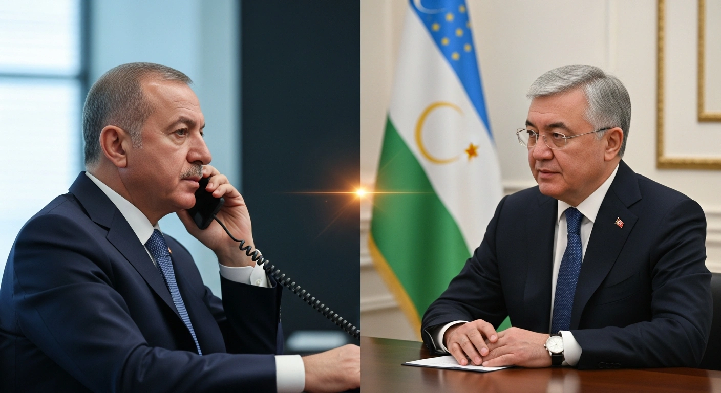 A split-screen image shows Turkish Foreign Minister Hakan Fidan on the left and his Uzbek counterpart Bakhtiyor Saidov on the right, both holding phones to their ears in modern offices, with a glowing line visually connecting them, symbolizing their high-level telephone conversation and deepening strategic partnership.
