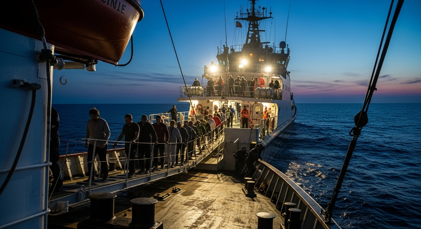 A Turkish naval vessel evacuates passengers from the disabled Global Sumud Flotilla aid ship 'Johnny M' in international waters, following an engine breakdown during its mission to deliver humanitarian aid to Gaza.