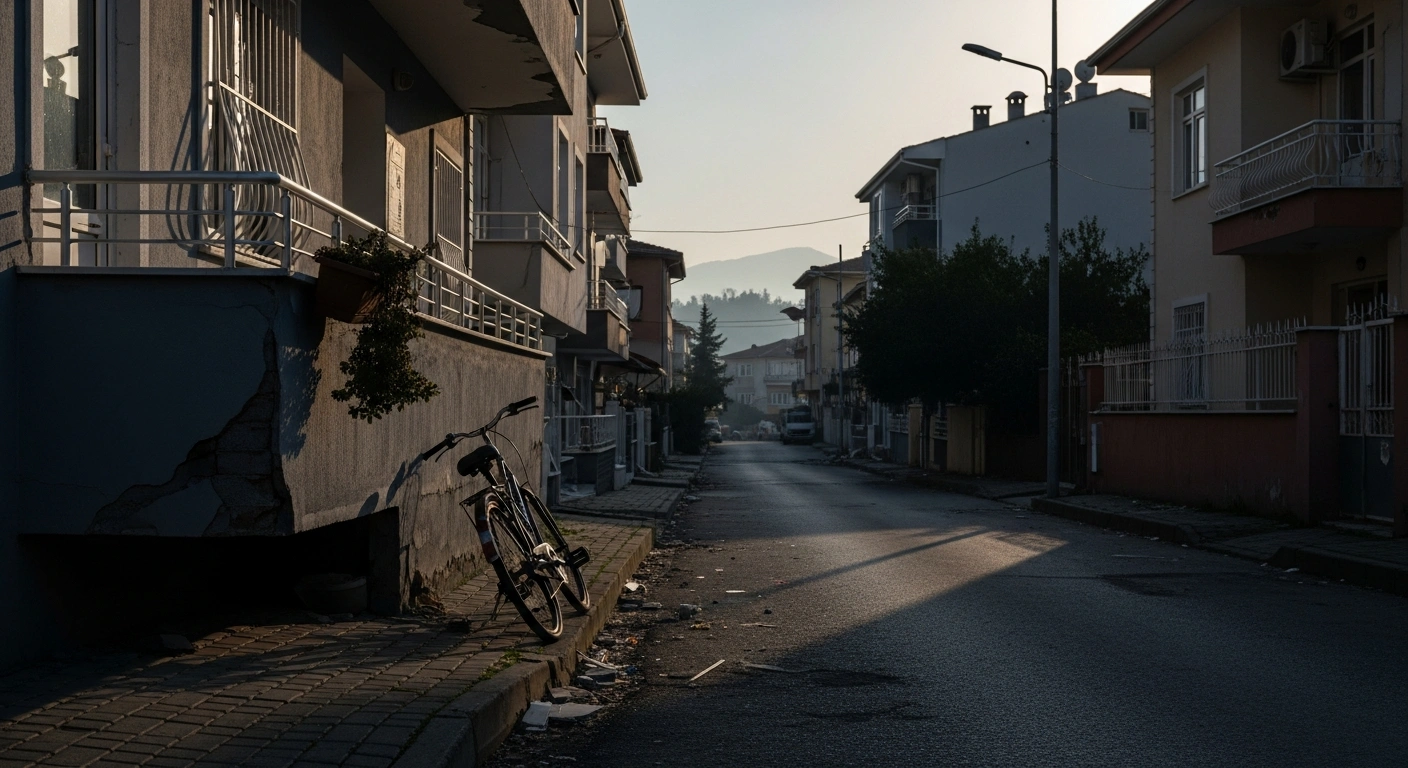 A quiet residential street in Balikesir, Türkiye, at dawn, showing a subtly disturbed scene with a toppled potted plant and a leaning bicycle, illustrating the aftermath of a magnitude 4.0 earthquake felt widely on November 13, 2025, with no significant damage reported.