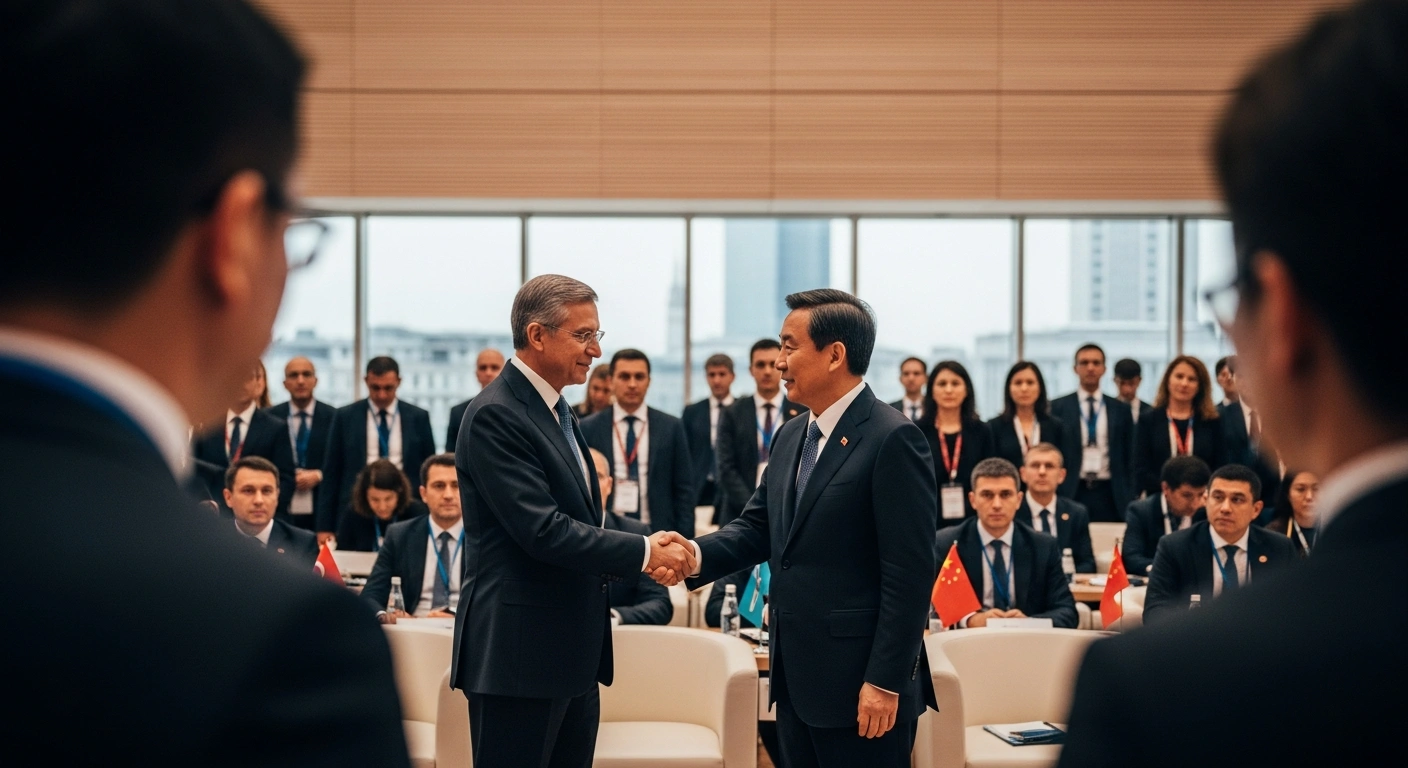 Two business leaders, one Turkish and one Chinese, shake hands in a modern conference hall in Istanbul, surrounded by international representatives, symbolizing the strengthening of trade relations and new investments at the Türkiye-China Business Conference.