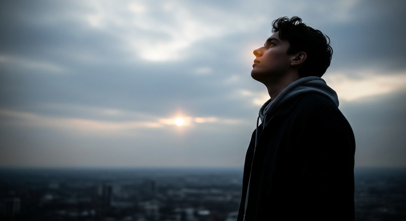A lone figure stands silhouetted against a cool-toned cityscape at dusk, illuminated by a single warm ray of light, symbolizing the 1.6% increase in Türkiye's consumer confidence index to 85.0 in November 2025, as reported by TurkStat, despite the underlying pessimistic sentiment.
