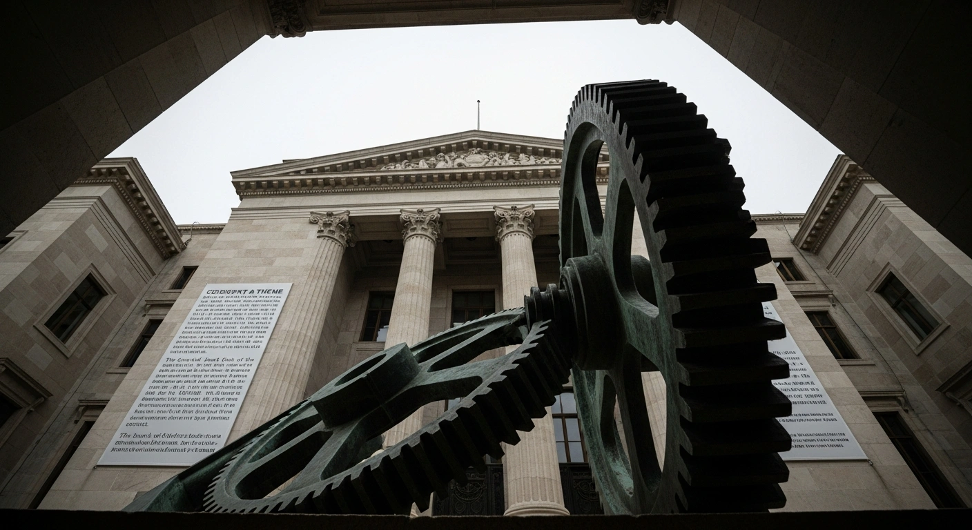 A low-angle, pre-dawn shot of an imposing central bank building, where a colossal bronze gear, symbolizing economic forces, strains visibly upwards, representing the Central Bank of Türkiye's revised upward inflation forecast and its commitment to tight monetary policy.