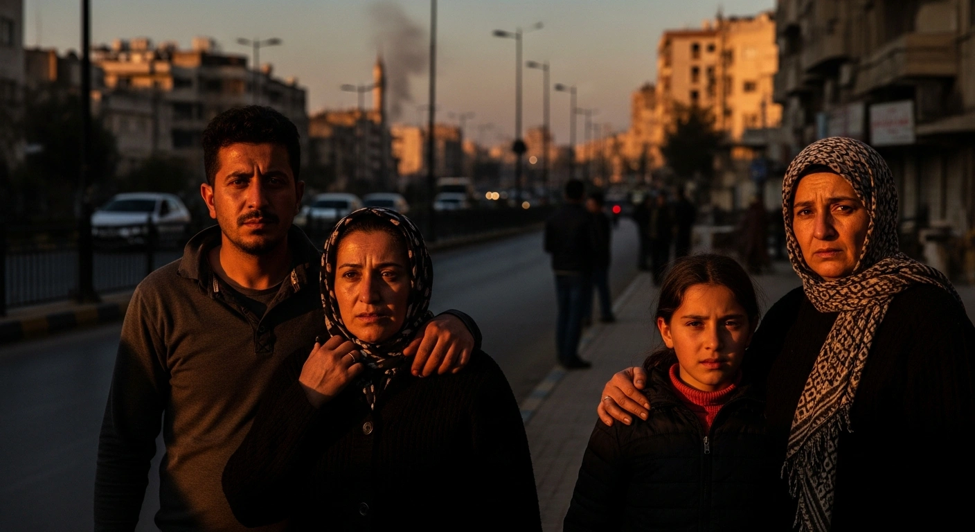A Turkish family, looking concerned, stands on a street in an Iranian city at dusk, reflecting the heightened regional tensions following Türkiye's Foreign Ministry's security warning for its citizens in Iran on February 28, 2026.