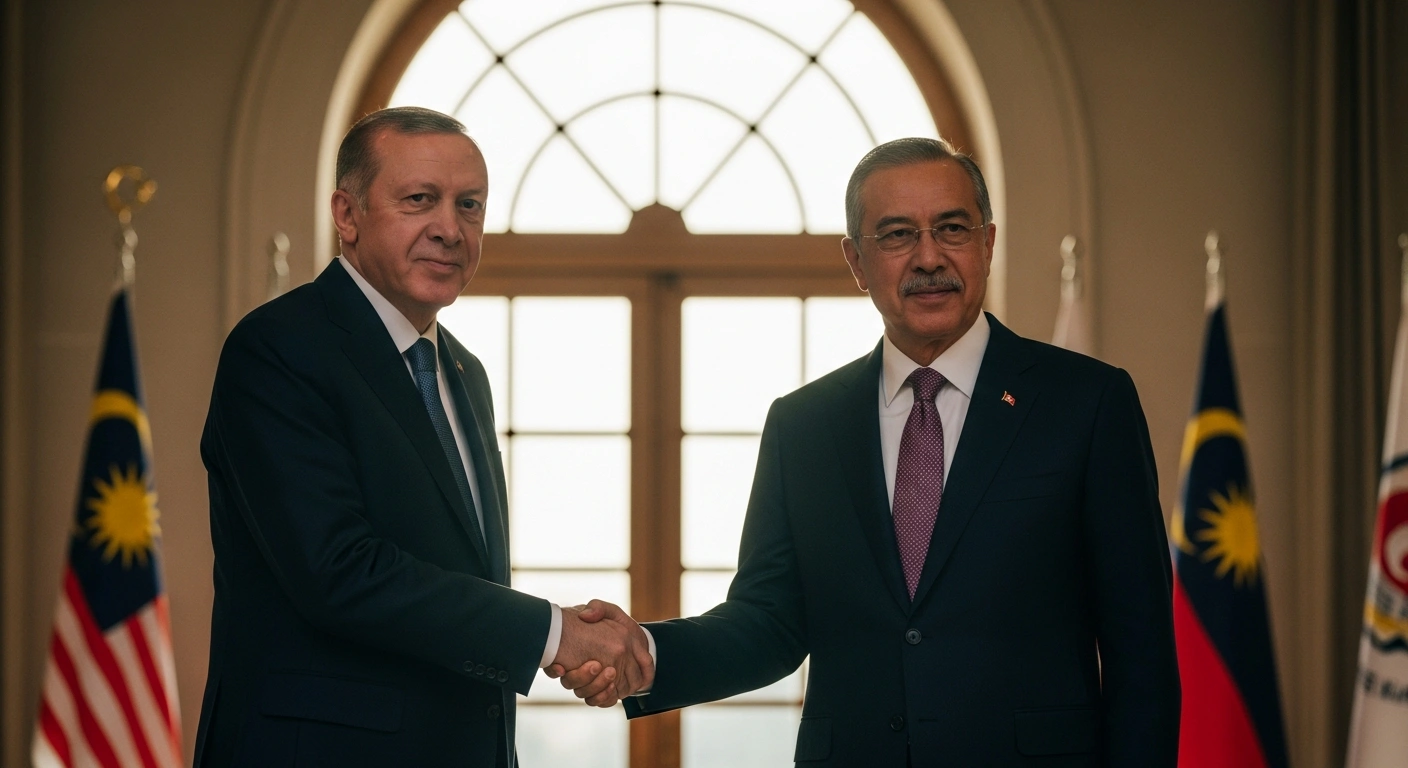 Turkish President Recep Tayyip Erdogan and Malaysian Prime Minister Anwar Ibrahim shake hands in a formal setting in Ankara, symbolizing the inauguration of the Türkiye-Malaysia High-Level Strategic Cooperation Council to boost bilateral trade and deepen ties.