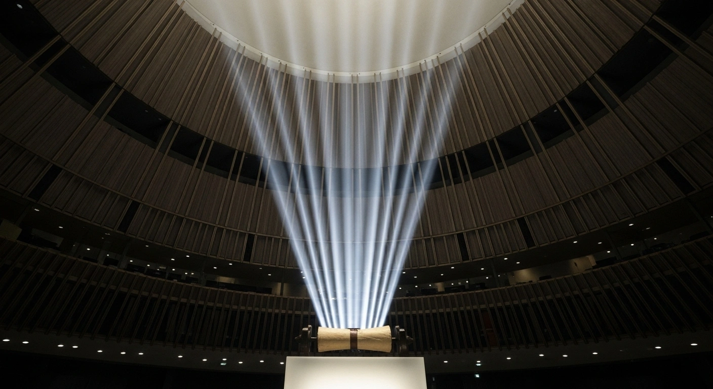 A grand architectural hall is illuminated by soft, diffused light, showcasing three distinct shafts of light converging onto a central pedestal holding a symbolic scroll, representing the formal recognition of the State of Palestine, a move lauded by Türkiye as supporting universal human values and international law.