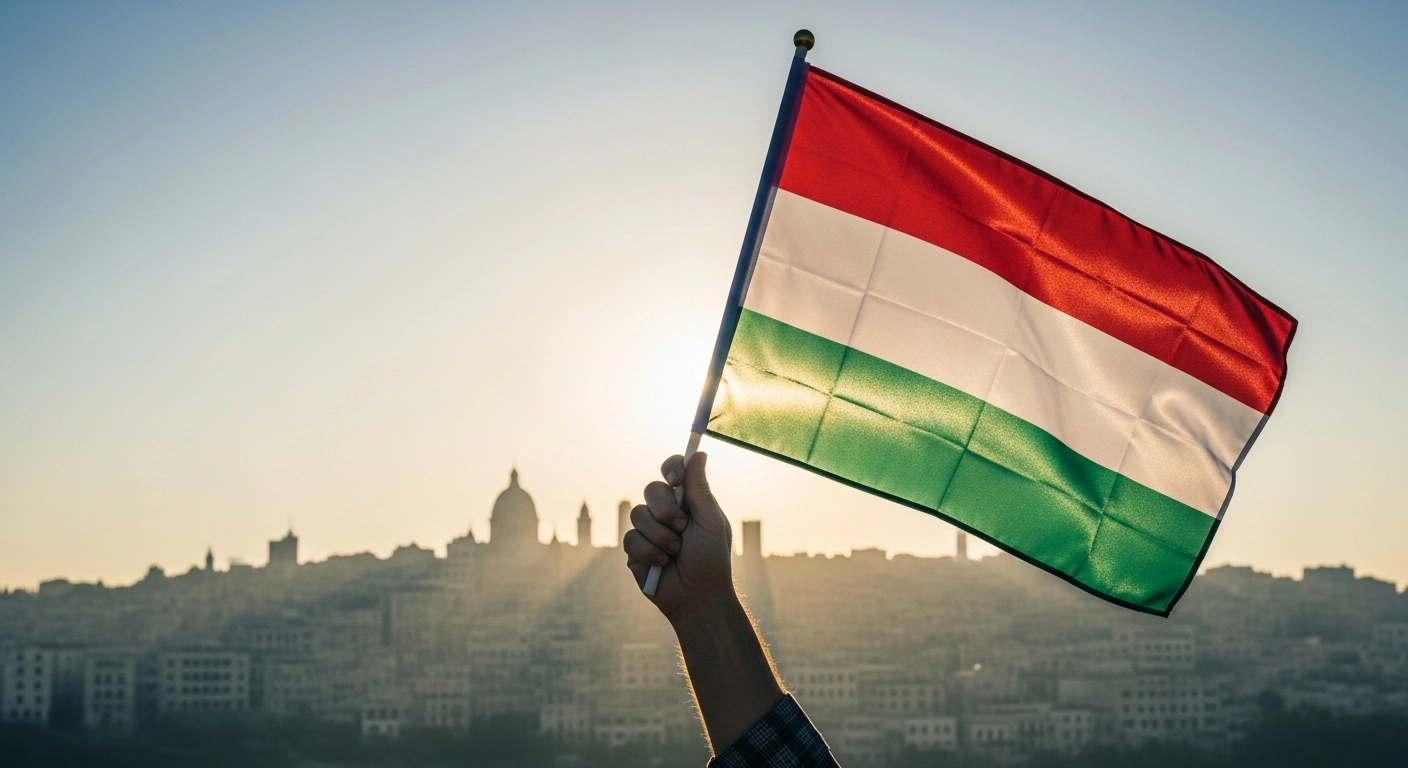 A wide, low-angle shot features a weathered hand holding a vibrant Palestinian flag against a dawn skyline of East Jerusalem, symbolizing the steadfast support for an independent, sovereign, and territorially integrated Palestinian state with East Jerusalem as its capital, as advocated by Türkiye's Foreign Ministry on the 37th anniversary of its founding, based on the 1967 borders and a two-state solution.