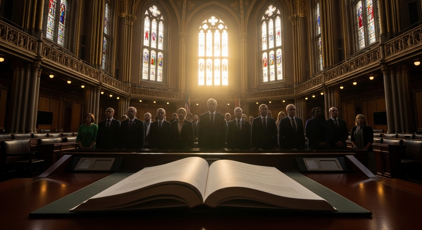 A majestic parliamentary hall, bathed in the hopeful glow of a rising sun, features a weighty, dark leather-bound report open on a polished table in the foreground, symbolizing the legal reforms and political consensus for a terror-free Türkiye, as the nation crosses a critical threshold towards lasting peace.