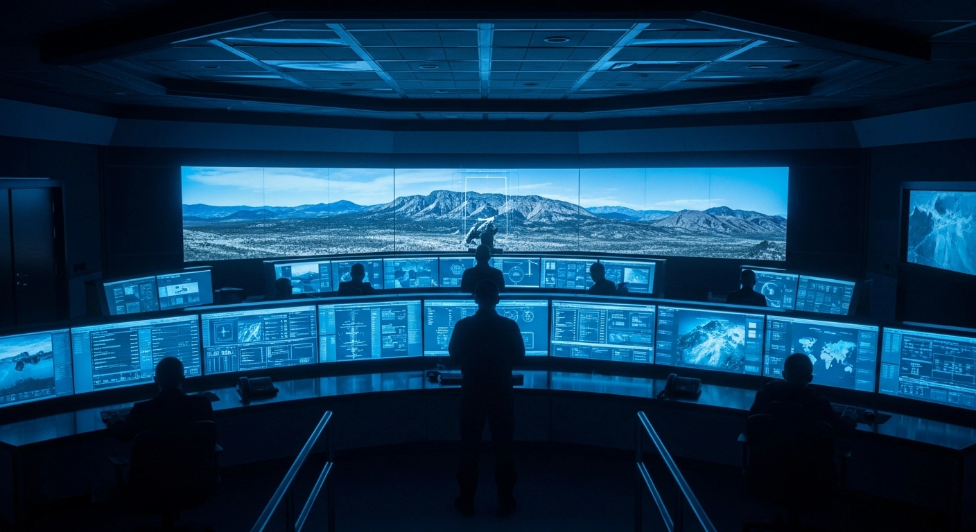 A wide, cinematic shot of a dimly lit, high-tech command center, where a resolute figure stands silhouetted against glowing monitors displaying strategic data, symbolizing Türkiye's proactive national security measures and advanced defense industry in neutralizing threats.