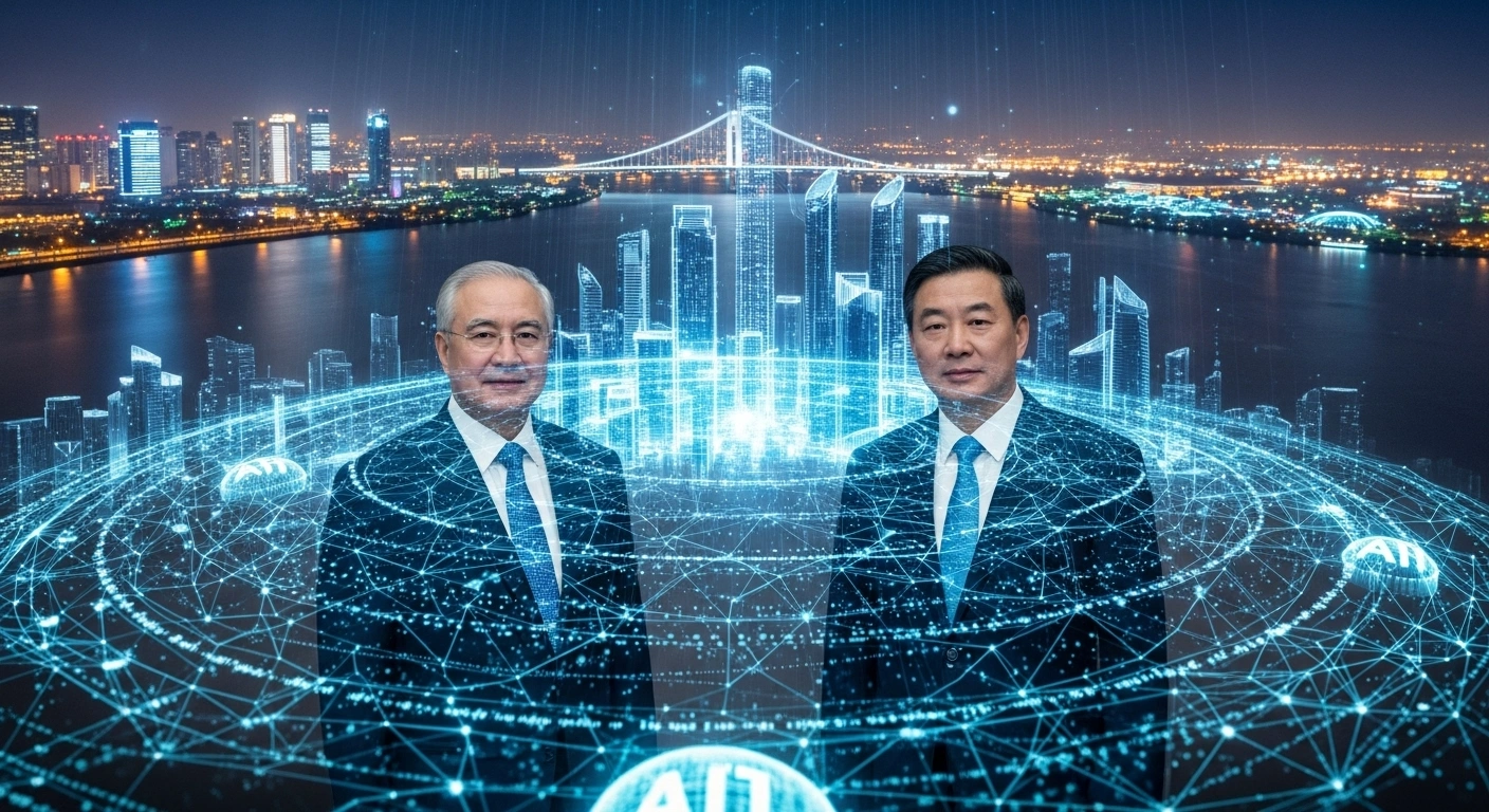 Two officials, one representing Turkmenistan and the other China, stand before a holographic projection displaying artificial intelligence networks and smart city designs, symbolizing their collaboration on advanced technologies and strategic partnership.