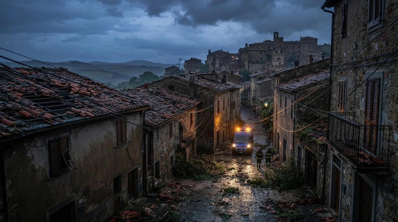 Emergency vehicles navigate a debris-filled street in Tuscany after powerful storms caused significant damage to homes and infrastructure.