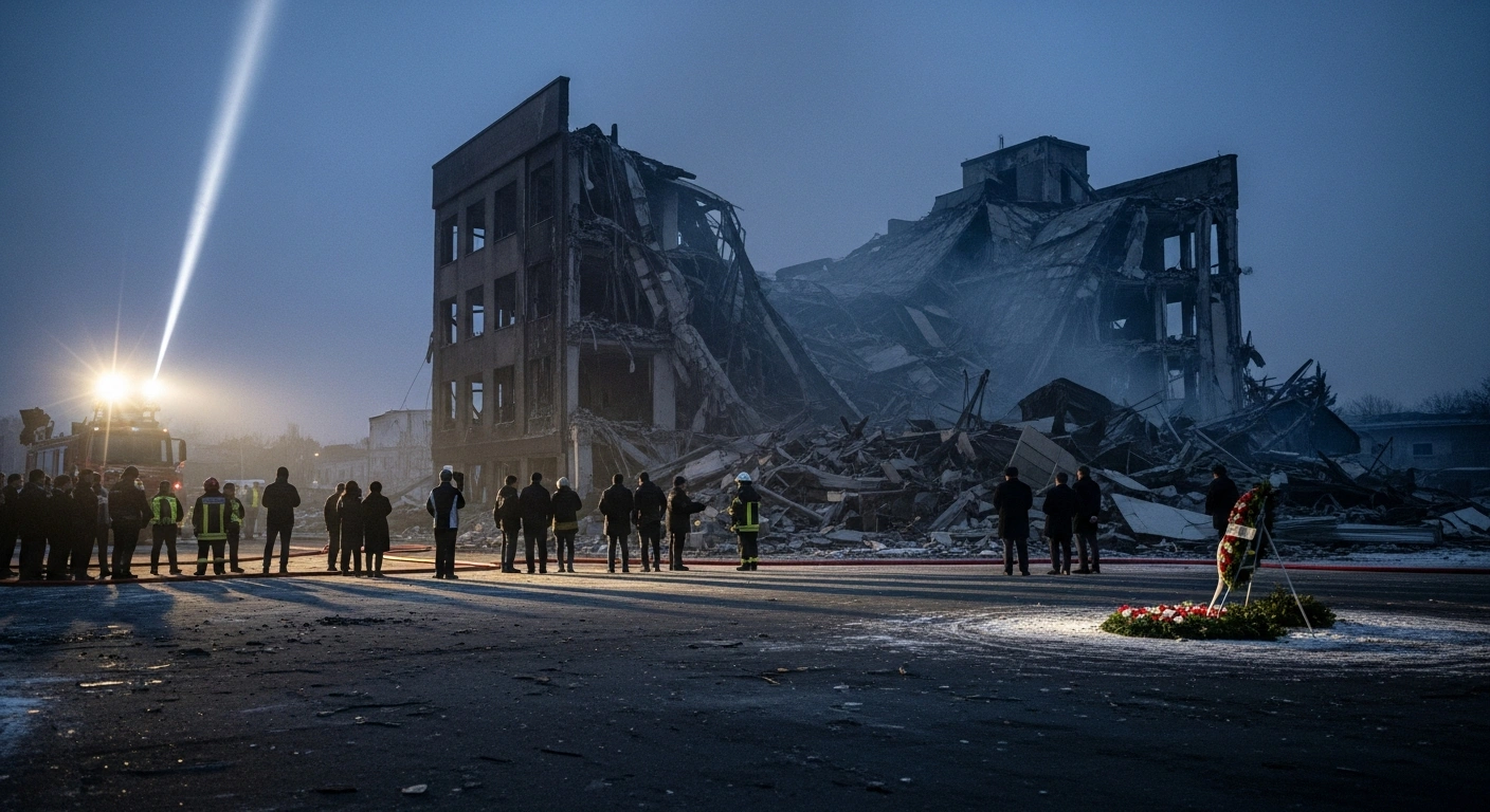 A somber scene depicts the aftermath of a devastating fire at a Tuzla retirement home, showing a partially collapsed building under a pre-dawn sky with emergency personnel and officials observing, symbolizing the tragic loss of lives and ongoing investigation, following condolences from the UAE Consulate in Bosnia and Herzegovina.