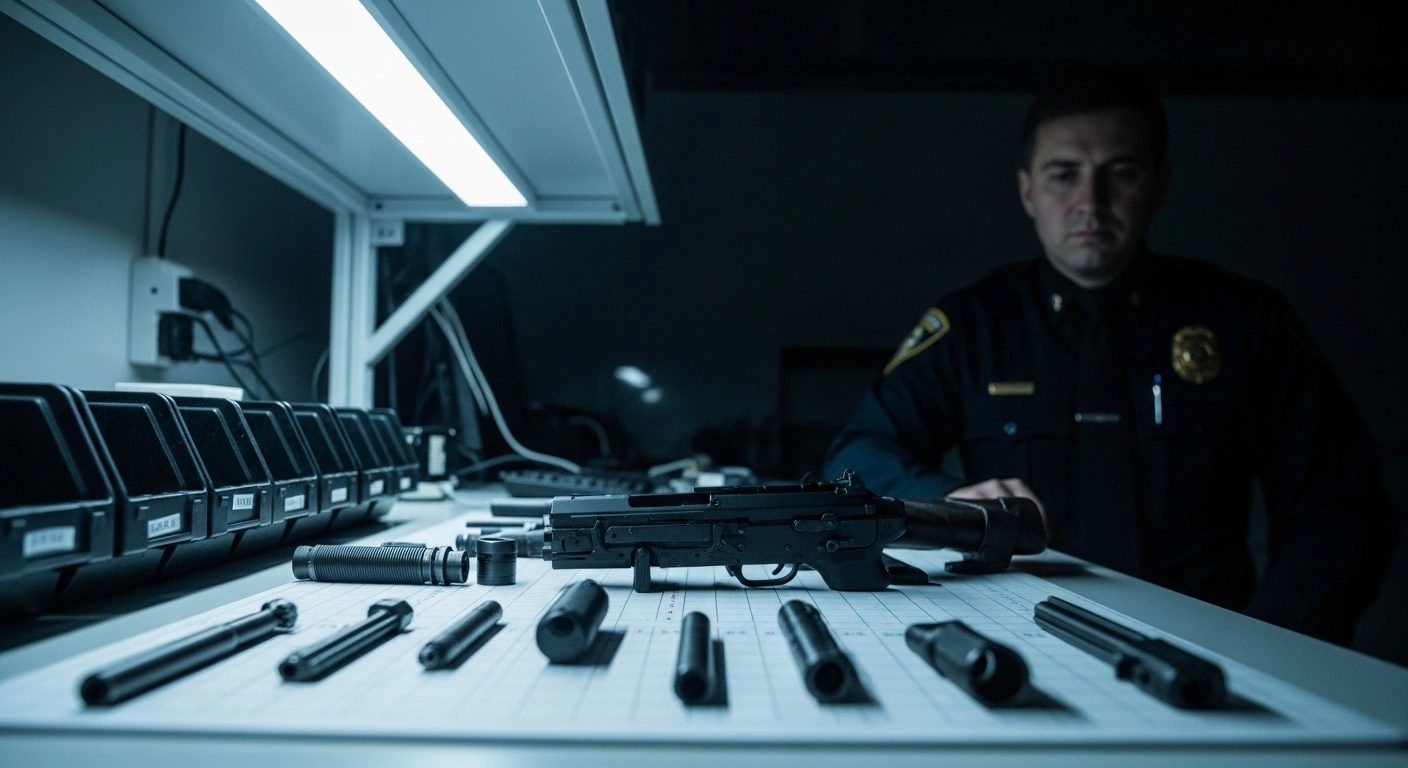 A low-angle shot captures a disassembled, deactivated firearm meticulously arranged on a high-tech workbench under cool LED lighting, with a uniformed law enforcement officer observing in the background, symbolizing the new Centre for Verification of Deactivated Firearms in Tuzla, Bosnia and Herzegovina, established with OSCE support to prevent criminal misuse.