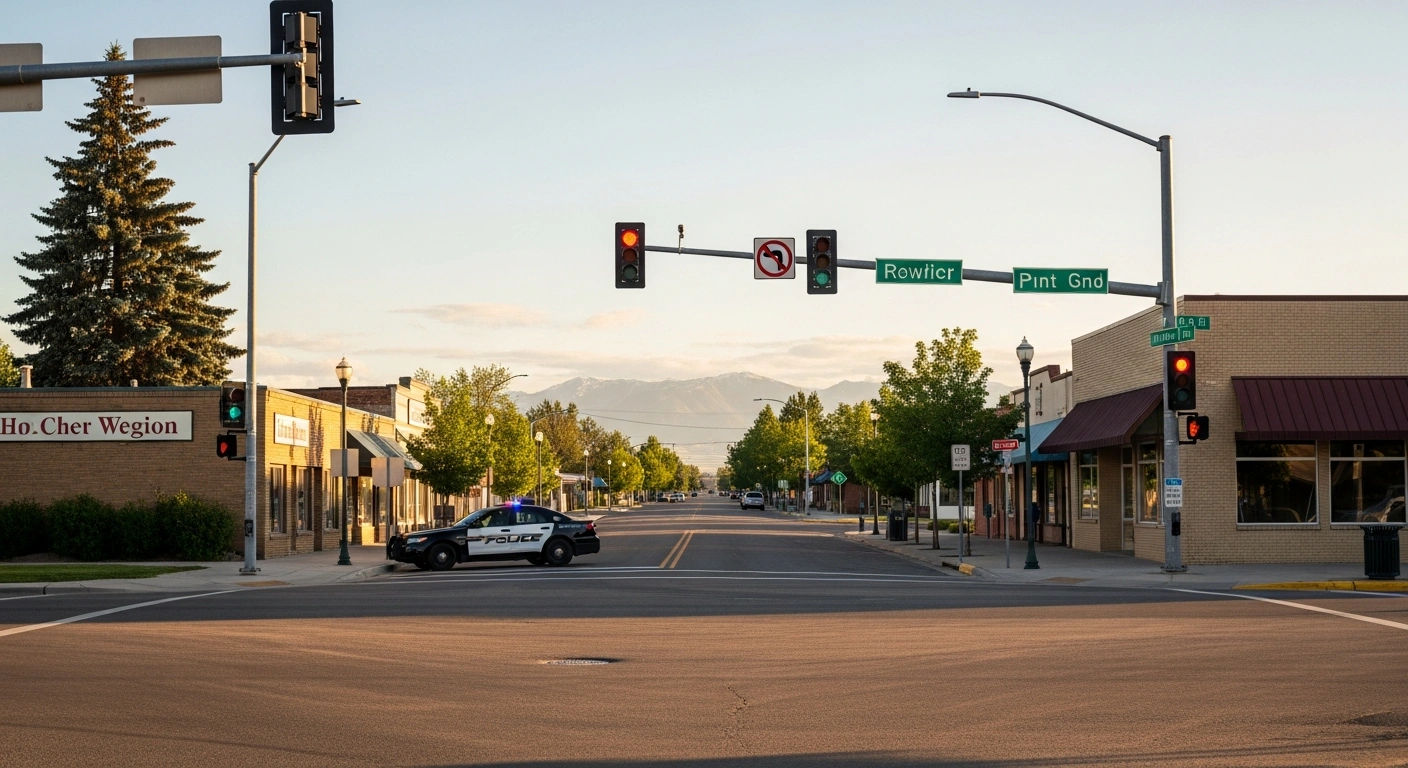A peaceful and empty street in Twin Falls, Idaho, confirming that no mass shooting or incident occurred at a non-existent restaurant location.