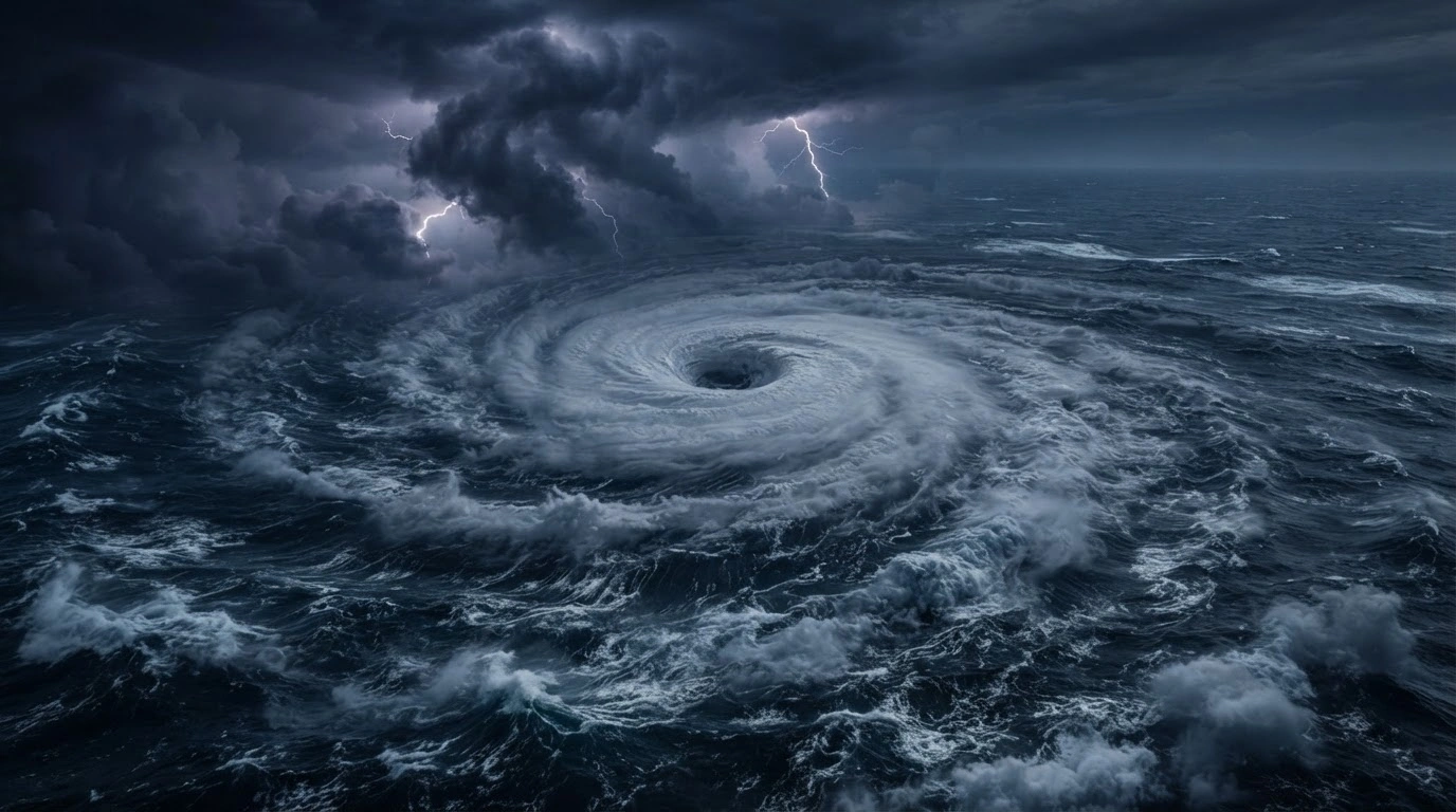 A massive tropical cyclone swirls over the dark Pacific Ocean as it intensifies into a typhoon heading toward Okinawa.