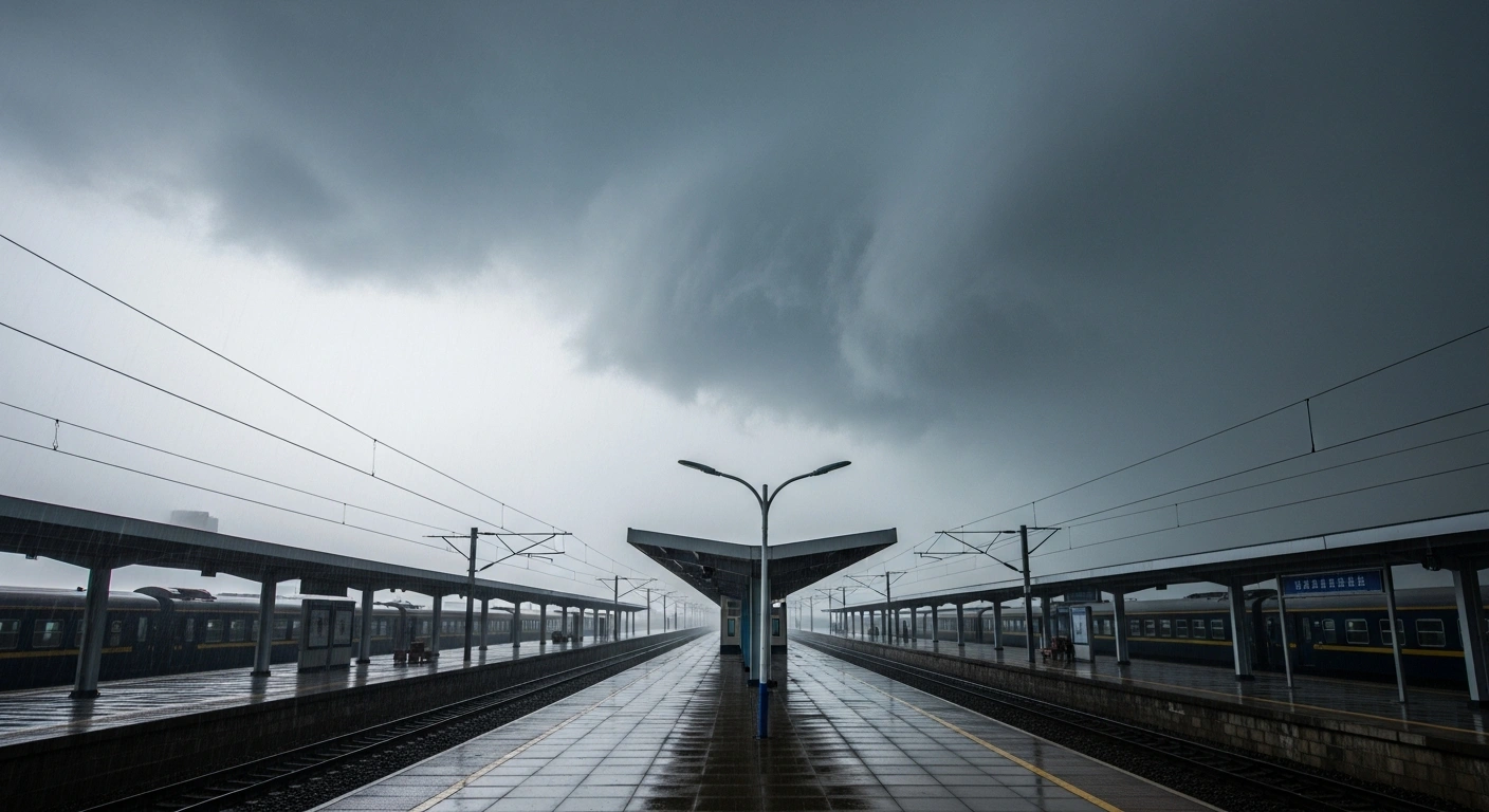 A deserted train station in China stands empty as heavy rain and strong winds from the approaching Typhoon Bavi cause widespread transportation disruptions.