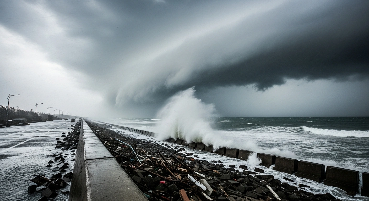A powerful typhoon makes landfall on the coast of Zhejiang province in China, causing heavy rain and strong winds during a massive emergency response.