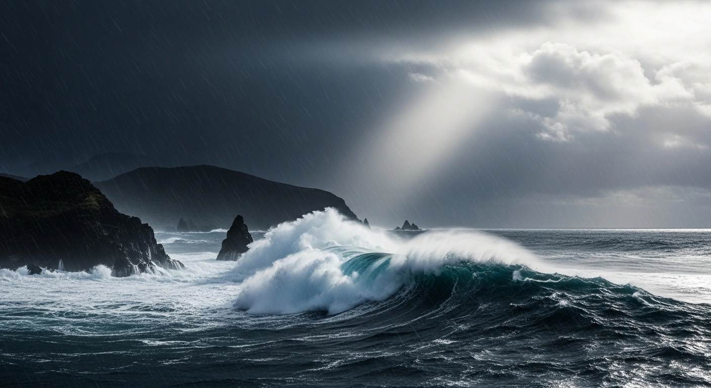 A powerful typhoon approaches the rocky coastline of Japan's Ogasawara Islands with heavy rain and turbulent ocean waves.