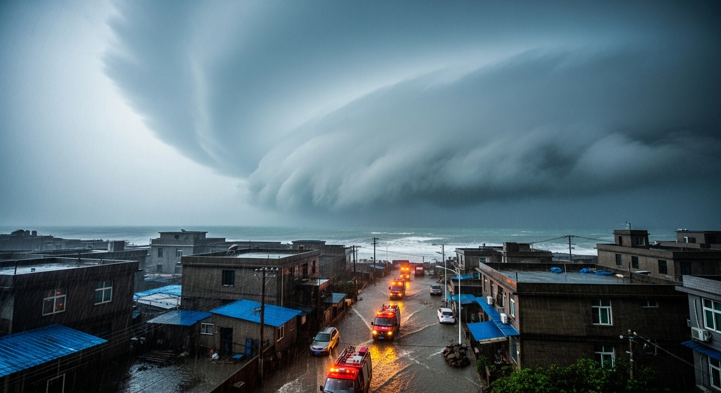 Emergency response vehicles navigate a flooded coastal street in China as Typhoon Dolphin approaches with heavy rain and strong winds.