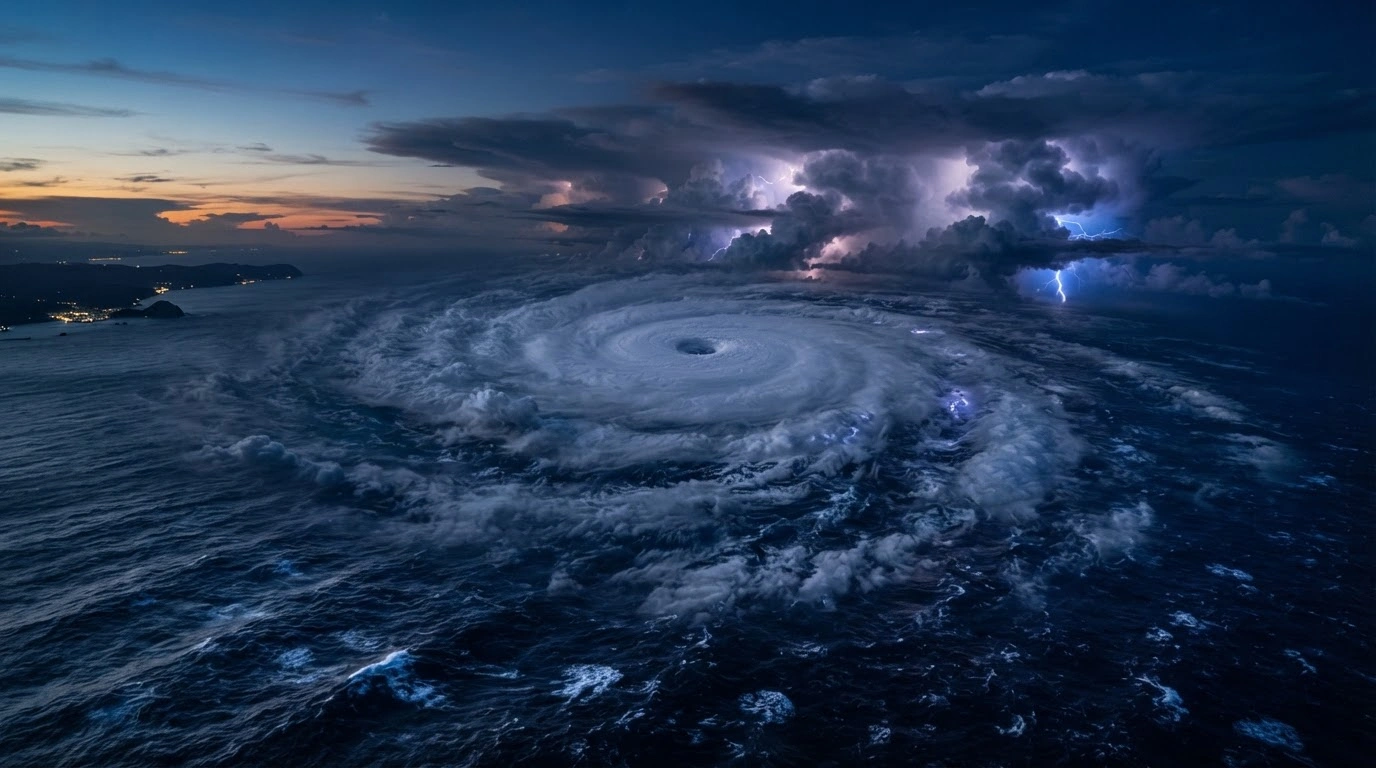 A massive typhoon swirls over the Pacific Ocean east of Japan as meteorological agencies monitor its offshore trajectory.