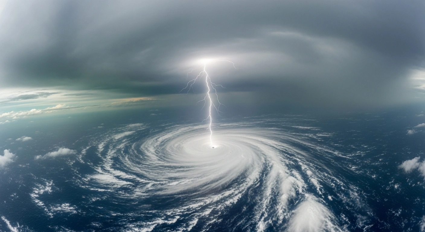 An aerial view captures a vast, churning tropical depression with dark, swirling clouds over the turbulent Western Pacific Ocean, illuminated by a lightning bolt, symbolizing the projected development of Typhoon No. 26, Fung-wong, near the Caroline Islands during the 2025 typhoon season.