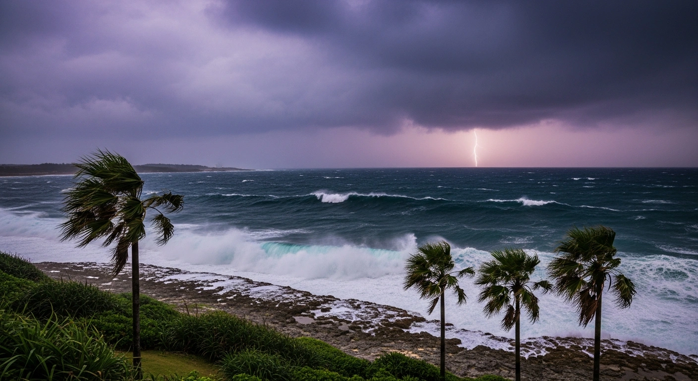 A wide, cinematic shot of colossal, dark waves crashing against the rugged, coral-strewn coastline of Okinawa under a tumultuous, bruised purple and grey sky, with palm trees whipped by strong winds, depicting the impending arrival of Typhoon Fung-wong.