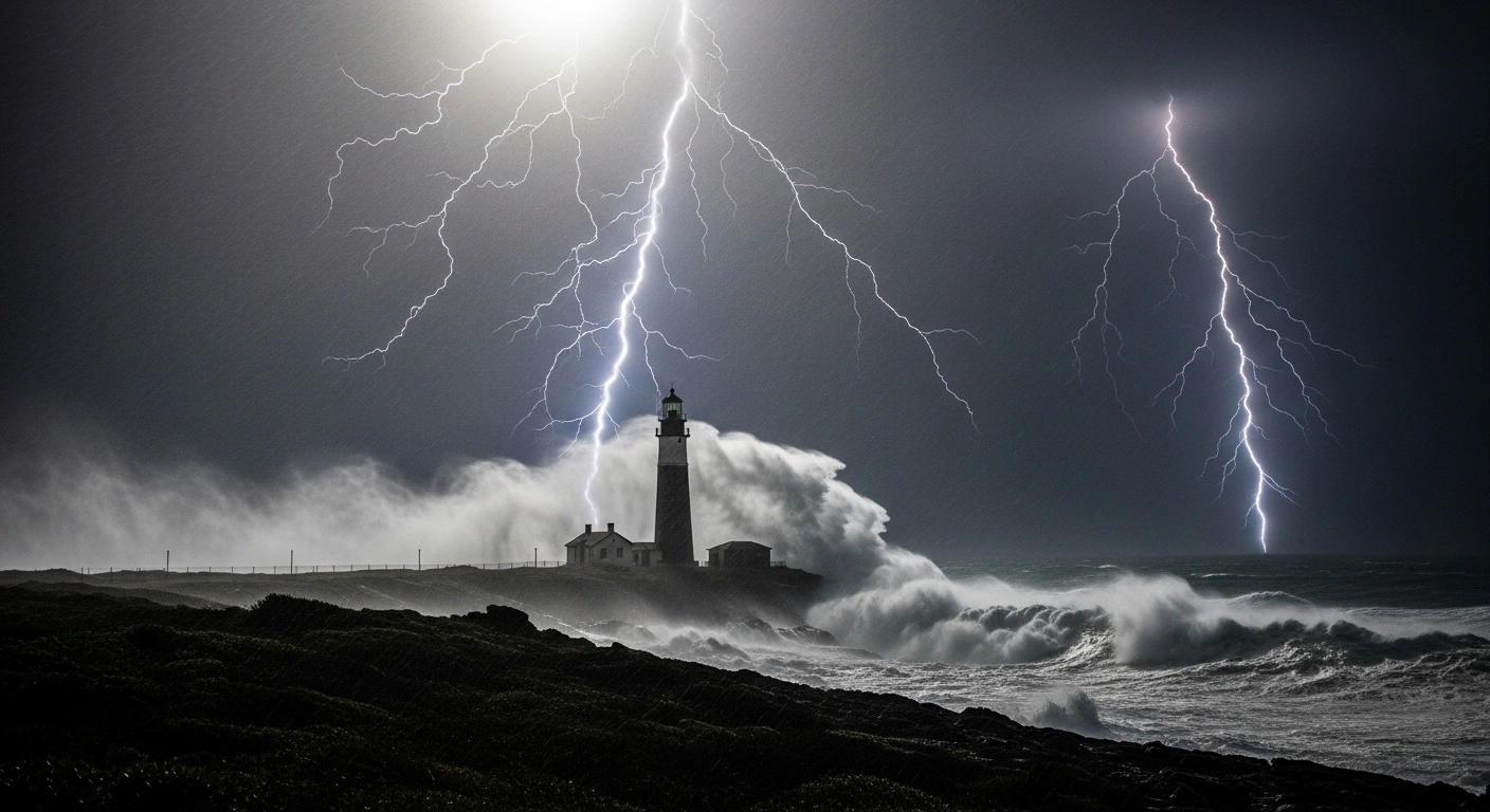 A powerful typhoon, identified as Halong, brings violent winds and torrential rain to Japan's Izu Islands, with massive waves crashing against a rocky coastline and a lighthouse silhouetted against a lightning-streaked sky, indicating potential structural damage and travel disruptions across the Kanto region.