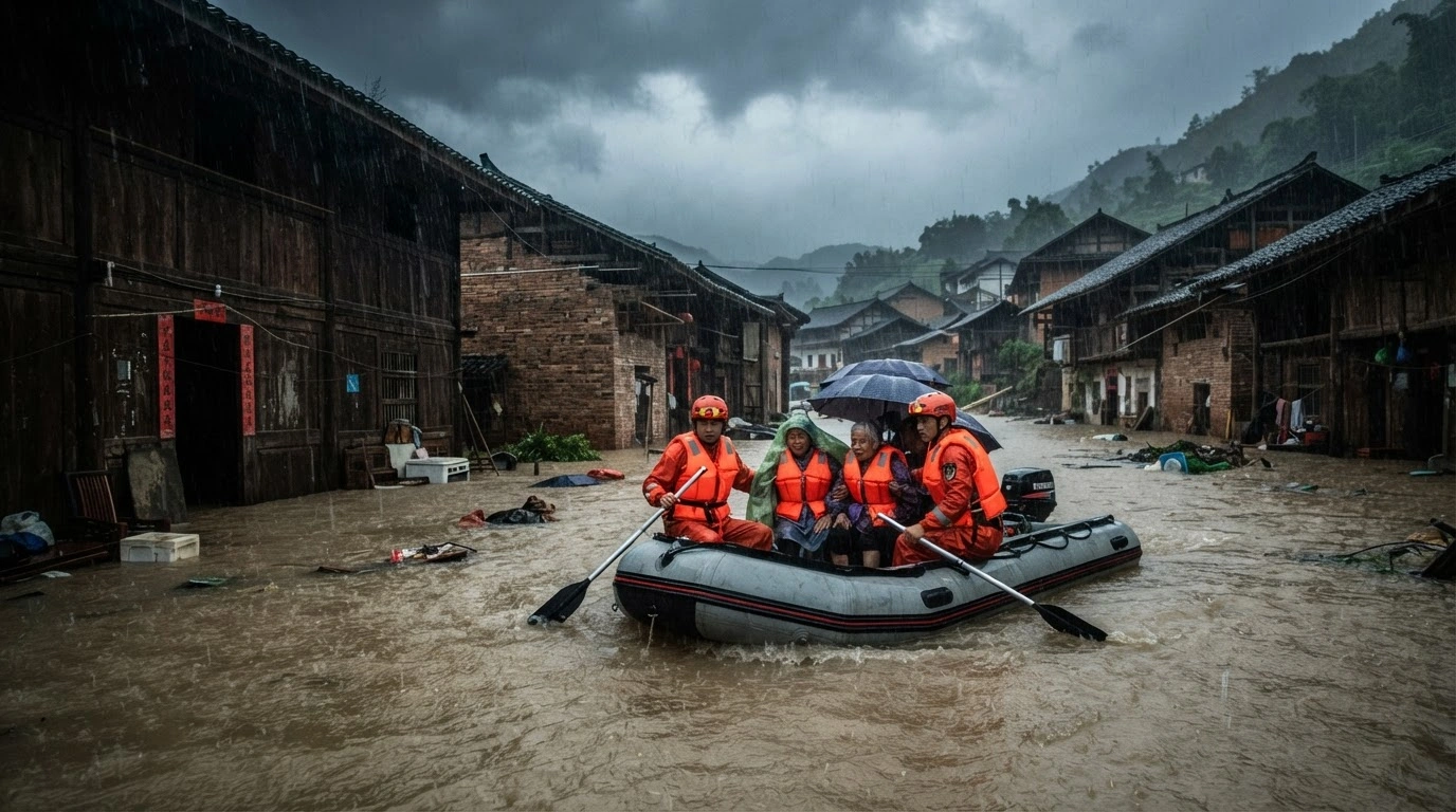 Rescue workers navigate a flooded street in the Guangxi region during the severe weather caused by Typhoon Narra.