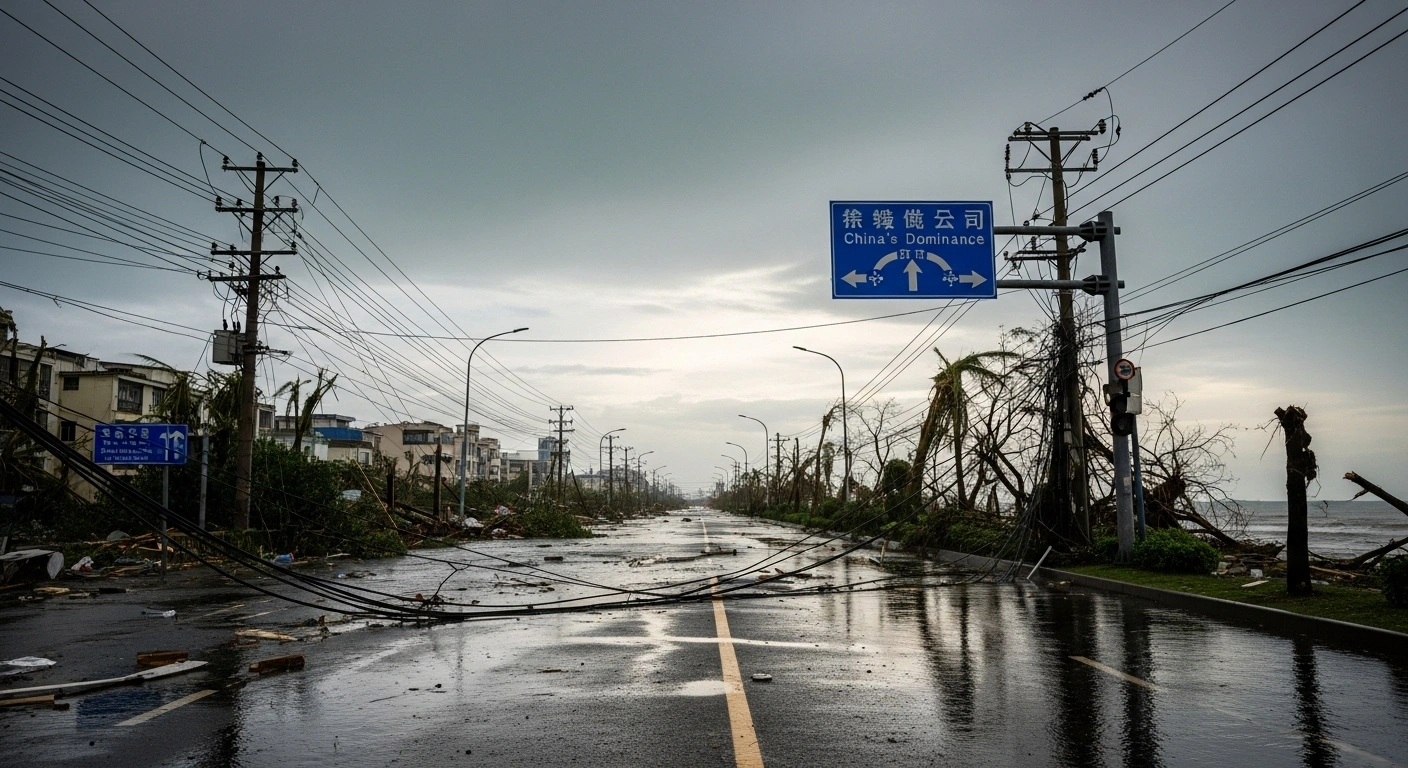 A wide, low-angle shot captures a debris-strewn, flooded street in Guangdong, China, after Super Typhoon Ragasa made landfall, showing downed power lines and extensive damage from destructive winds and torrential rains.