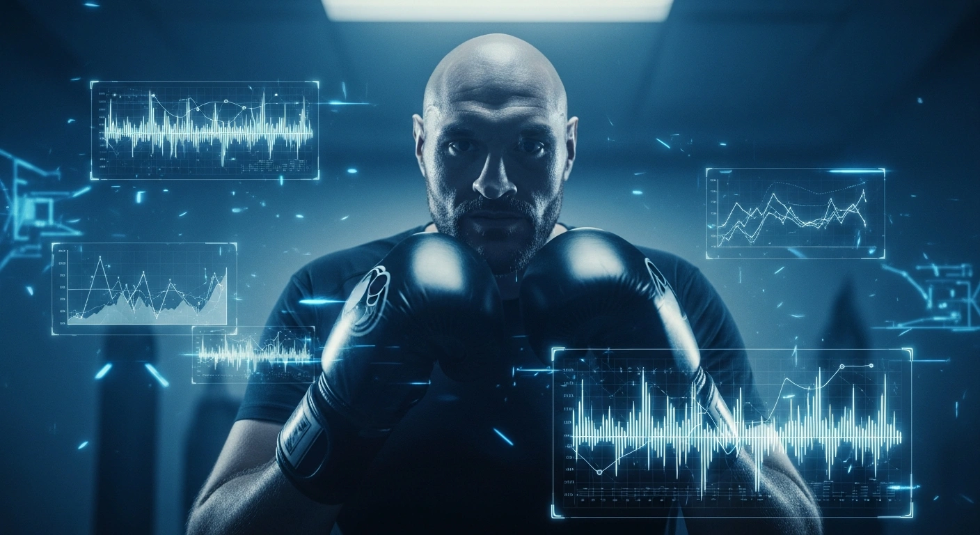 Tyson Fury stands in a modern facility surrounded by holographic data visualizations to represent his partnership with Datavault AI.