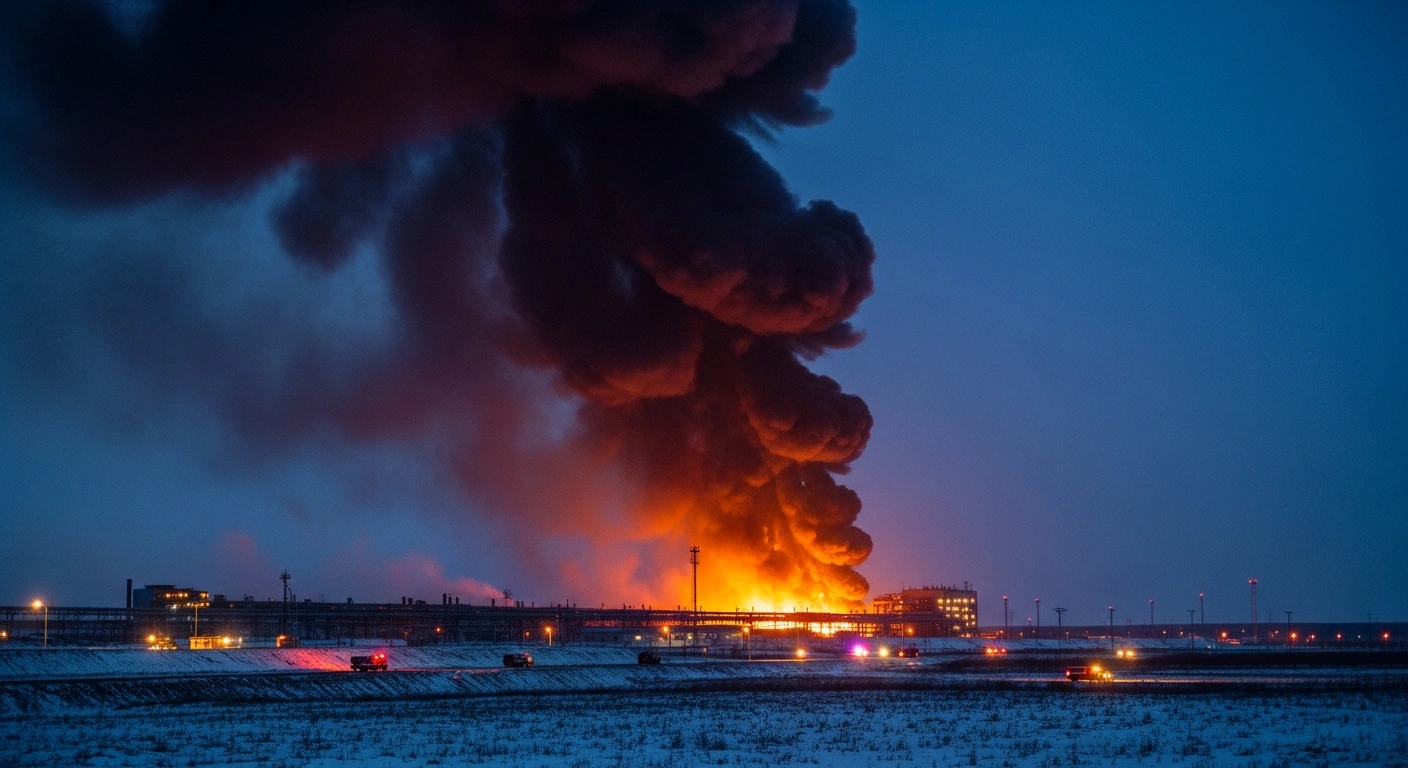 A large industrial fire burns at a facility in the Tyumen region of Russia following an alleged drone attack.