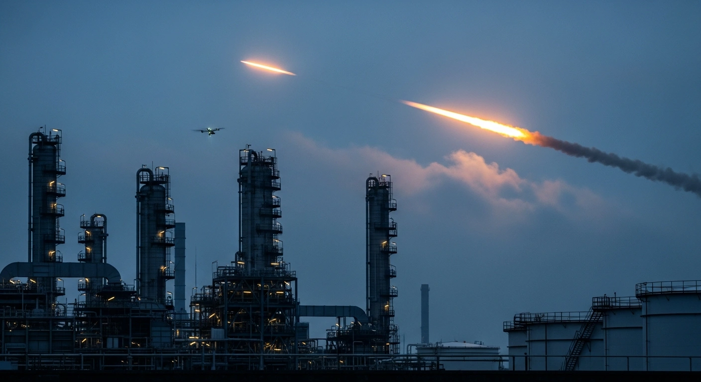 A Russian air defense system intercepts a drone near an oil refinery in the Tyumen region during a nighttime operation.