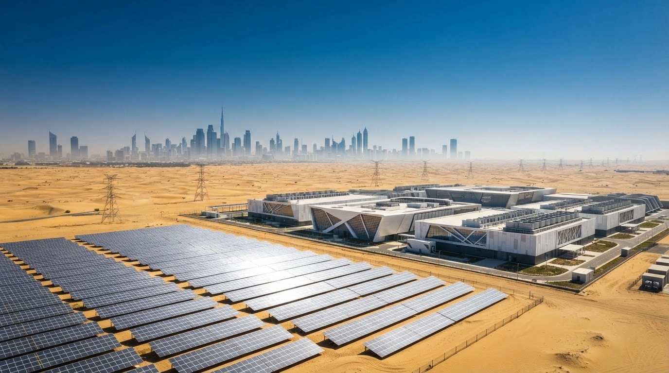 A modern data center complex powered by solar energy panels is situated in the United Arab Emirates desert to support artificial intelligence infrastructure.
