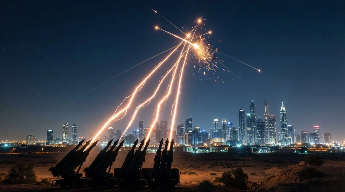 United Arab Emirates air defense systems intercept hostile drones over a desert city at night.