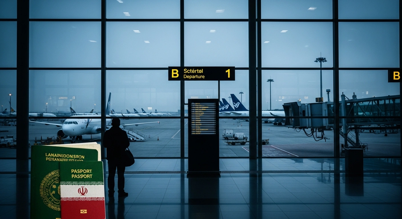 A traveler stands in a quiet airport terminal as UAE airlines restrict travel and transit services for Iranian citizens due to regional instability.