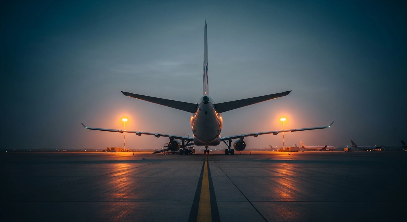 A commercial airliner sits grounded on an airport runway in the United Arab Emirates as flight schedules are adjusted due to regional airspace security concerns.